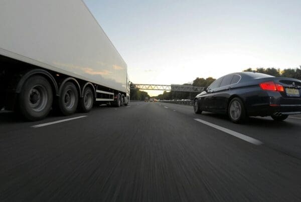 Cars and a truck speed along a highway under the clear sky, showcasing transportation dynamics.